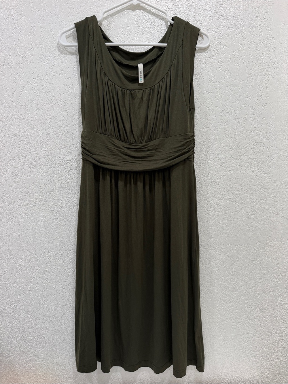 ModCloth Sleeveless Olive Green Gathered Waist viscose by GILLI Dress Sz Lg
